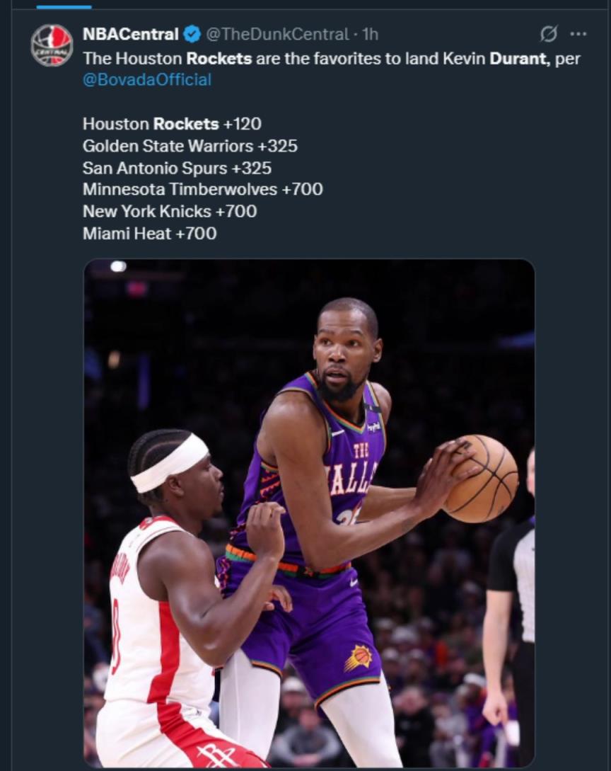 難道說？美媒曬杜蘭特下家賠率，火箭大幅度領(lǐng)跑！